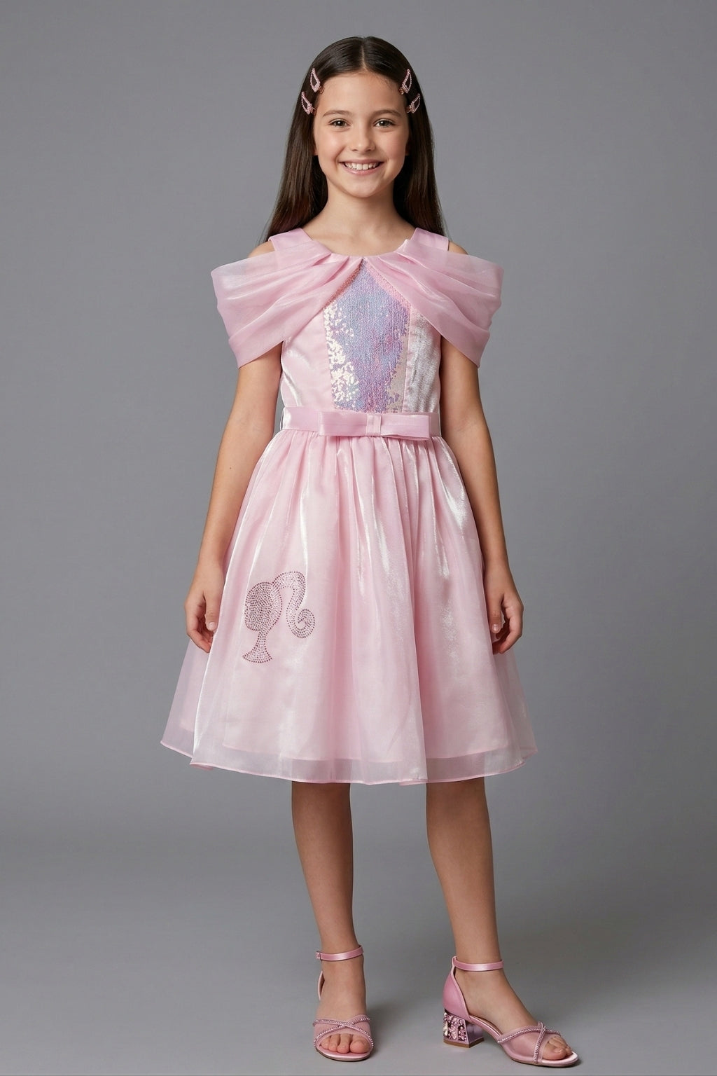 Girls Light Pink Barbie Party Wear Frock