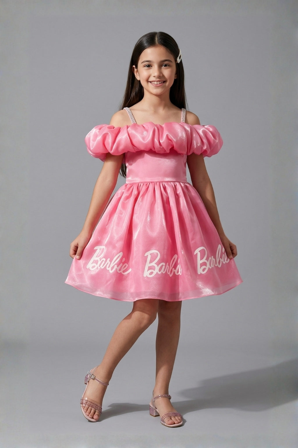 Girls Pink Barbie Off-Shoulder Party Wear Frock