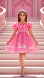 Girls Pink Barbie Off-Shoulder Party Wear Frock