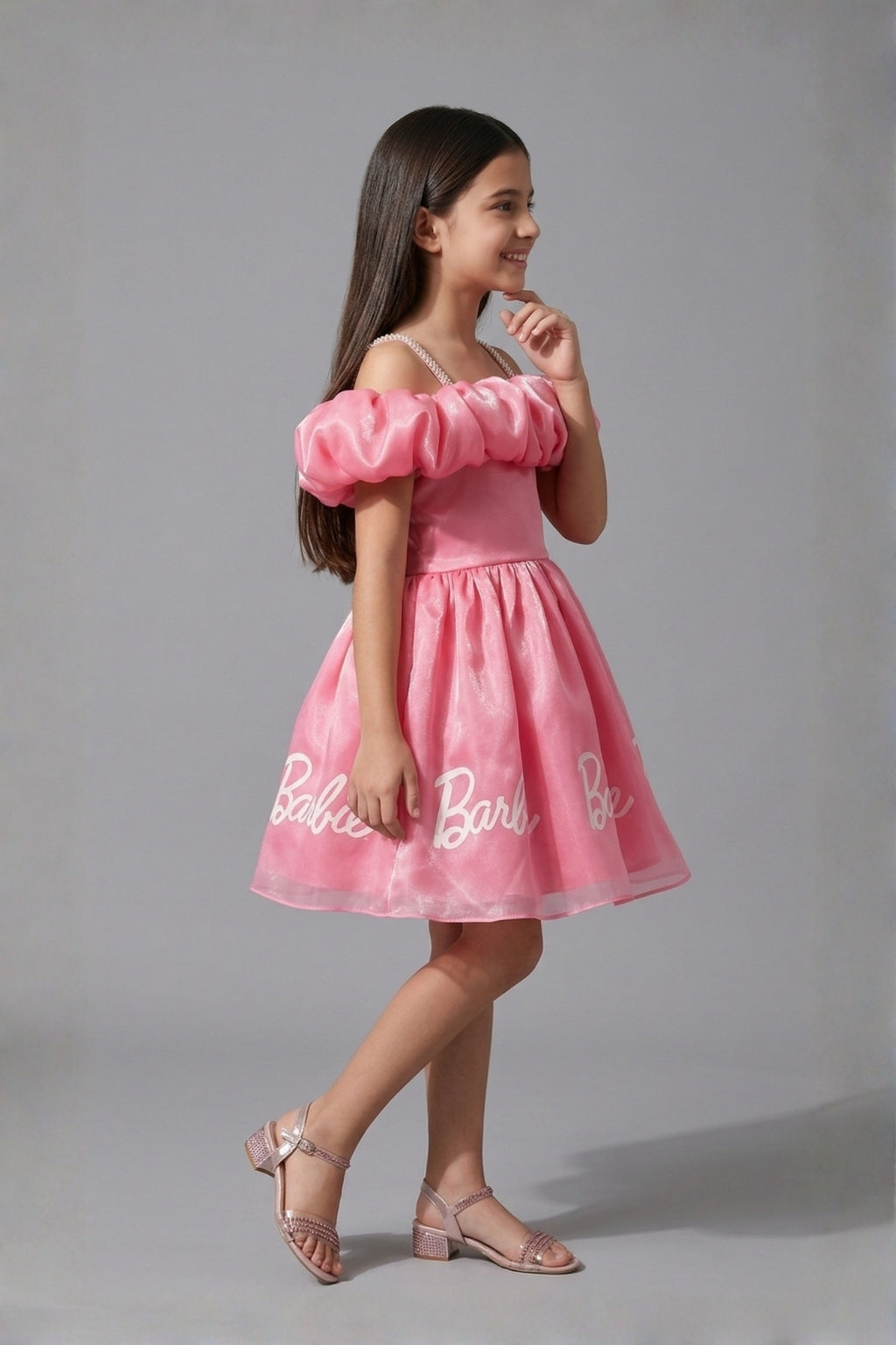 Girls Pink Barbie Off-Shoulder Party Wear Frock