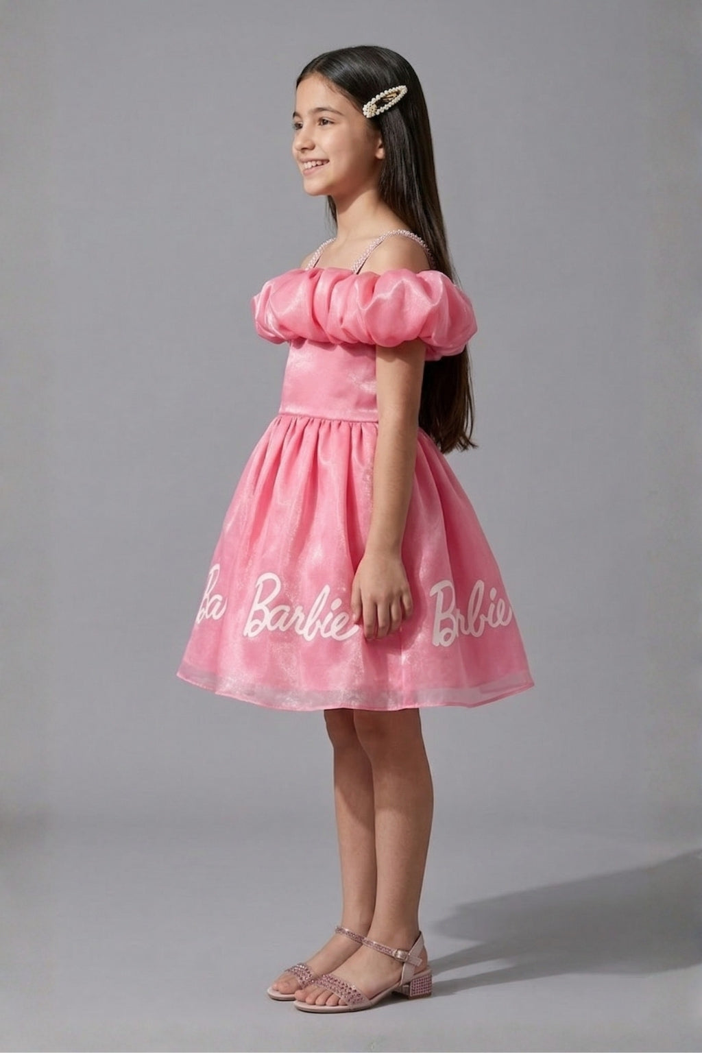 Girls Pink Barbie Off-Shoulder Party Wear Frock
