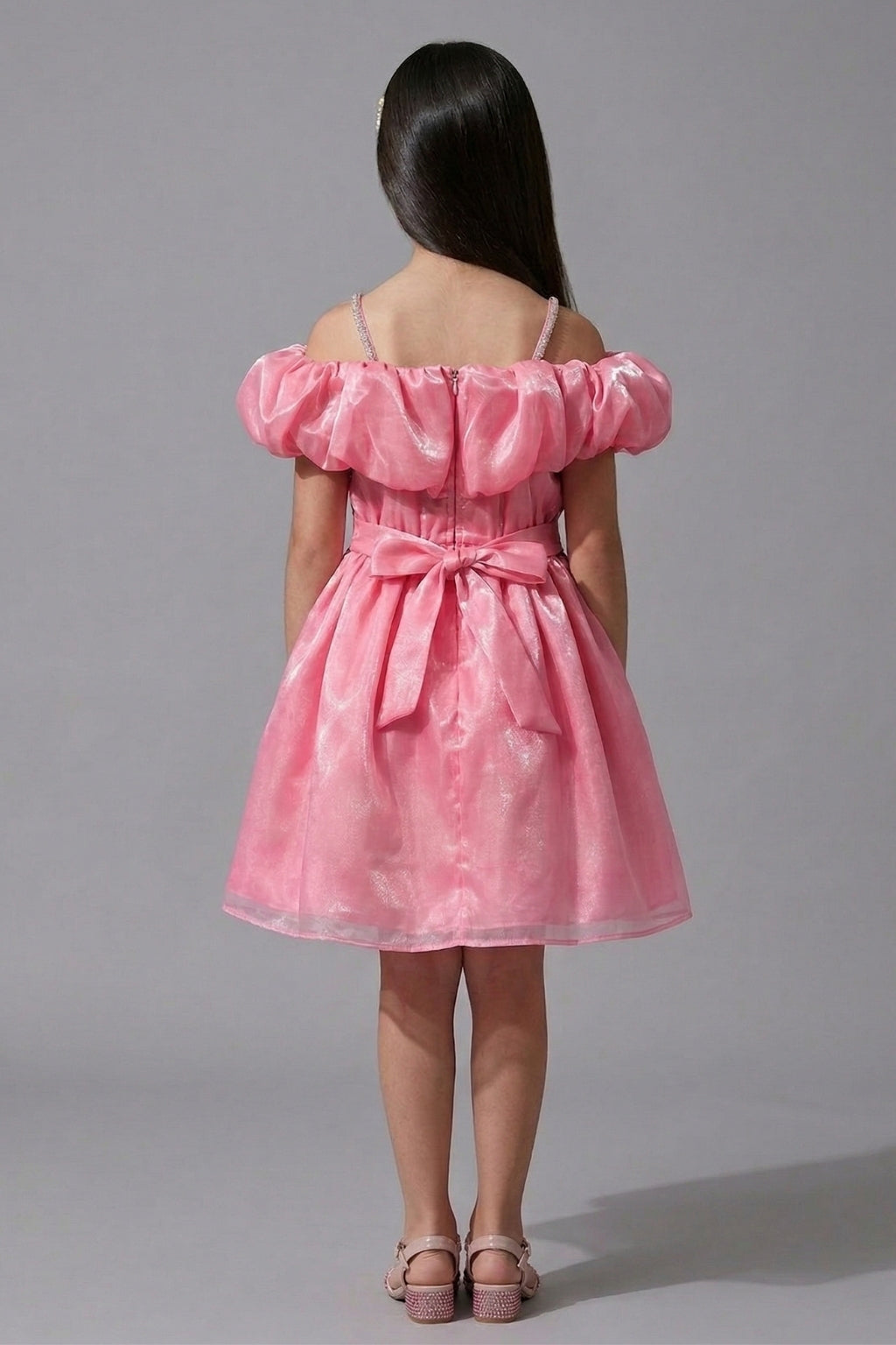 Girls Pink Barbie Off-Shoulder Party Wear Frock