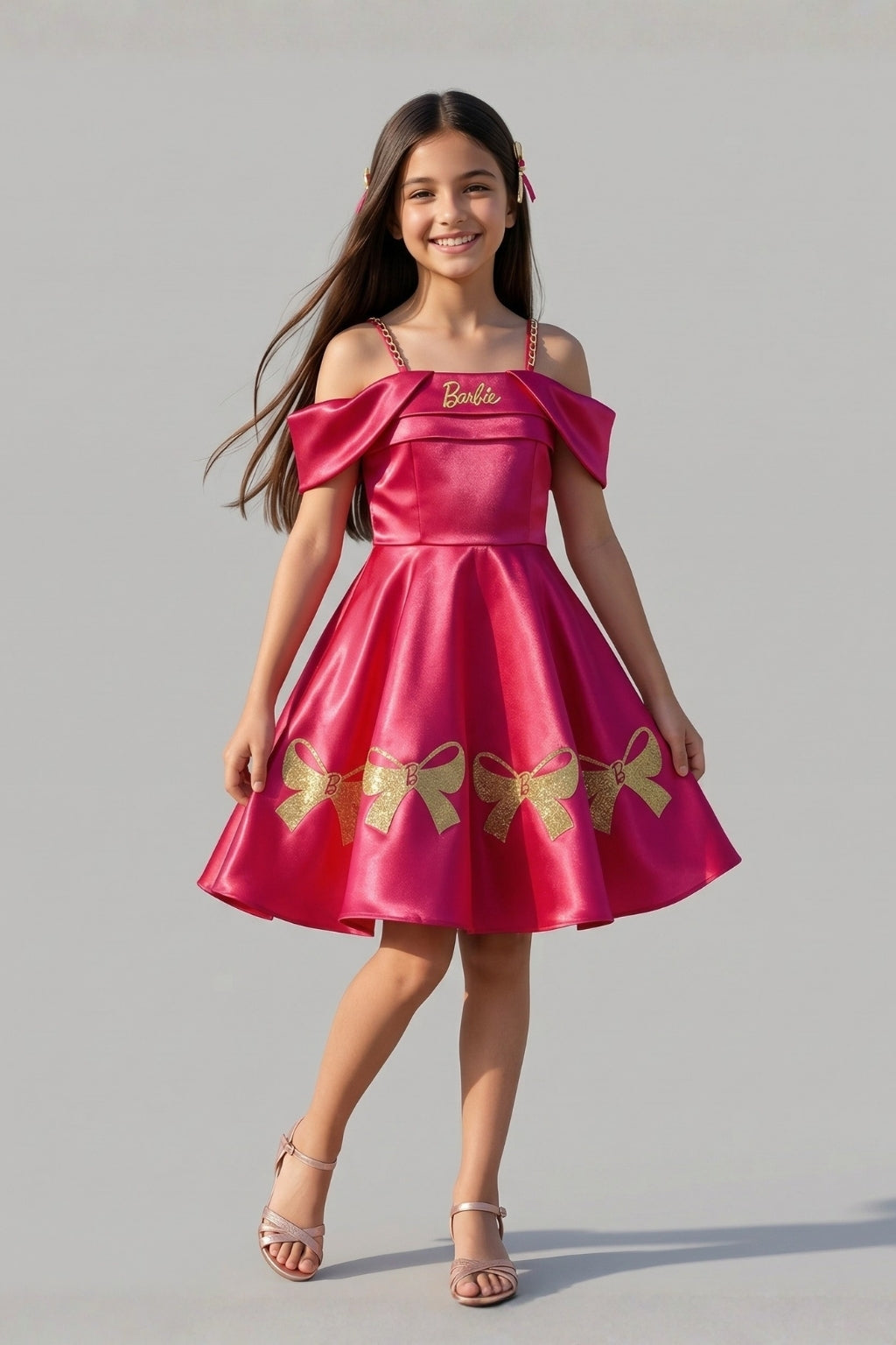Girls Fuchsia Pink Barbie Off-Shoulder Party Wear Frock