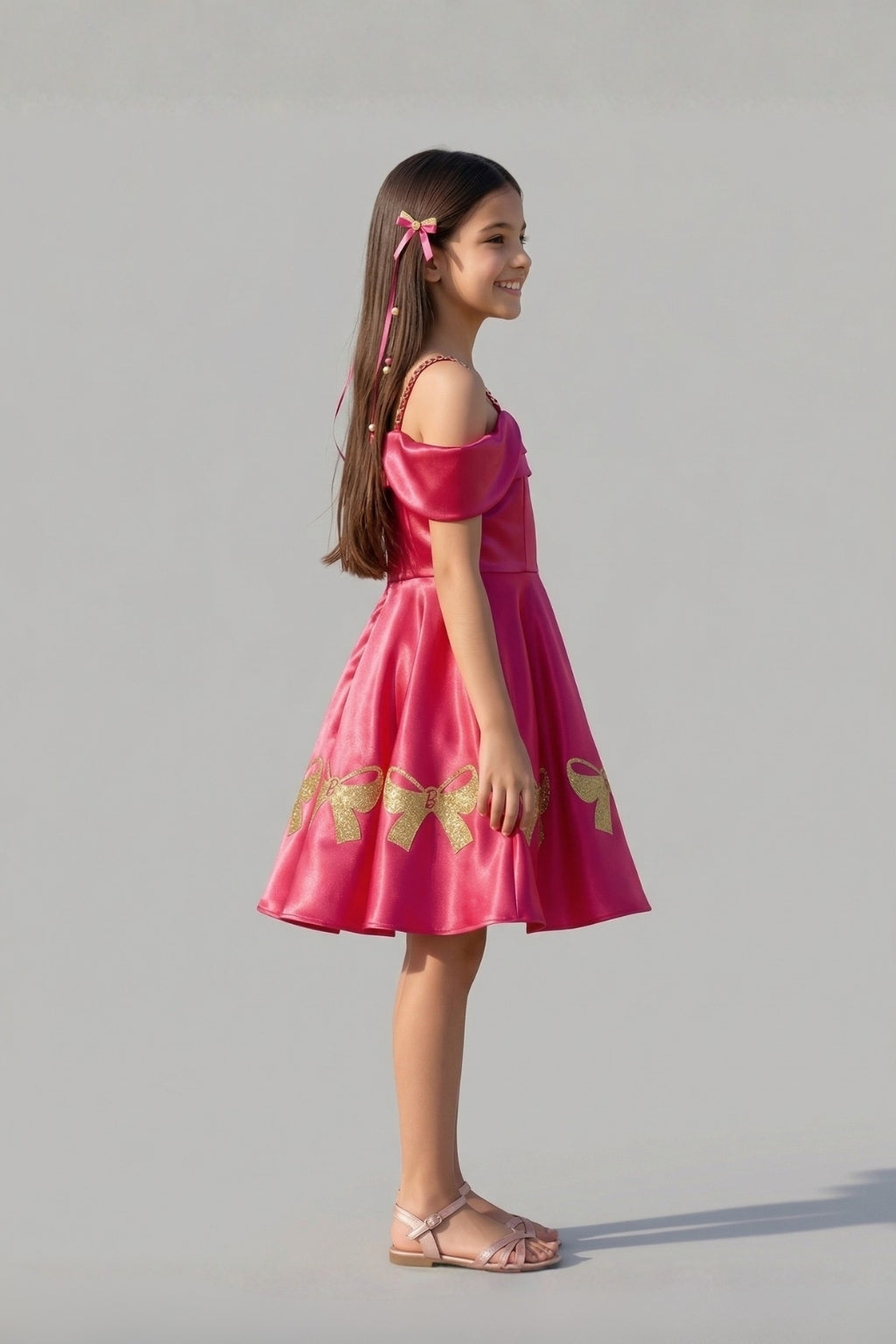 Girls Fuchsia Pink Barbie Off-Shoulder Party Wear Frock