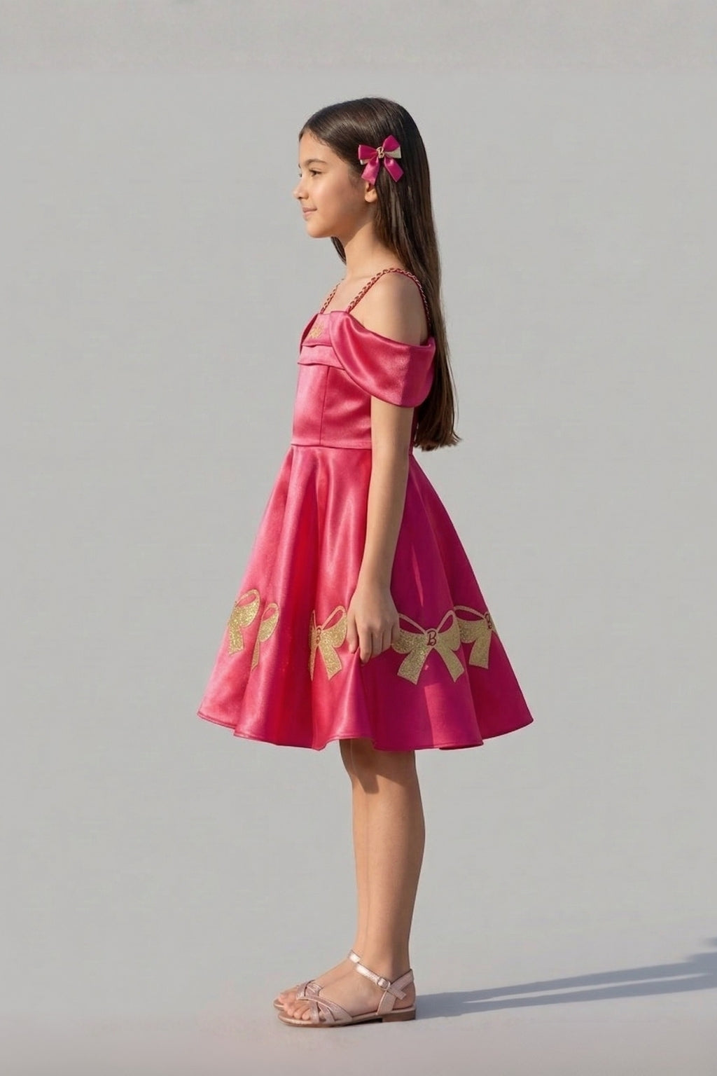 Girls Fuchsia Pink Barbie Off-Shoulder Party Wear Frock