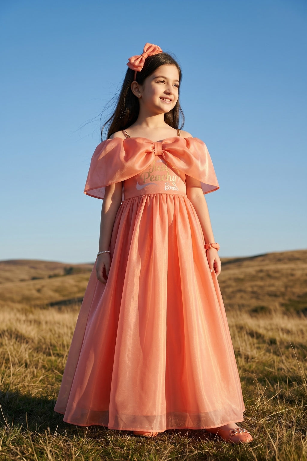 Barbie Girls Peach Bow Party Gown Off Shoulder Tulle