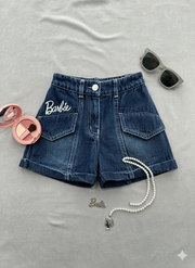 Girls Dark Blue Embroidered Denim Shorts