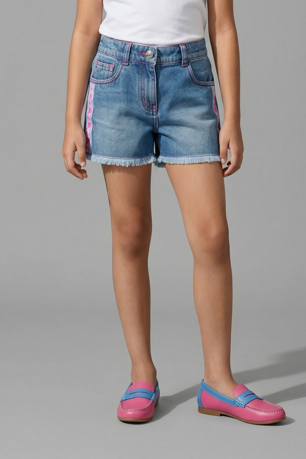 Girls Light Blue Side Tape Detail Denim Shorts