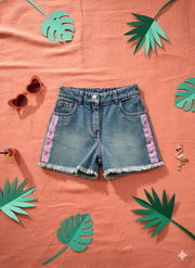 Girls Light Blue Side Tape Detail Denim Shorts