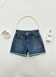 Girls Dark Blue Stud Embellished Denim Shorts