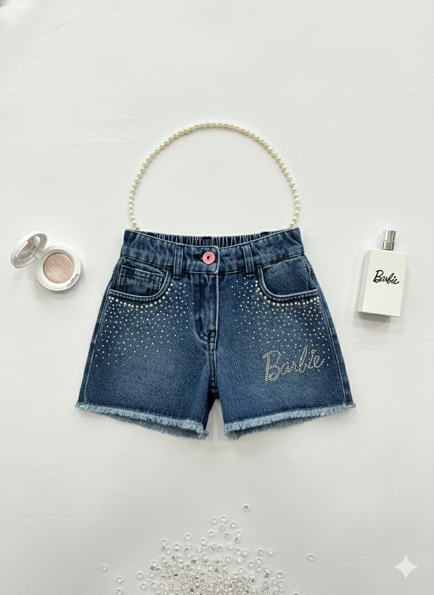 Girls Dark Blue Stud Embellished Denim Shorts