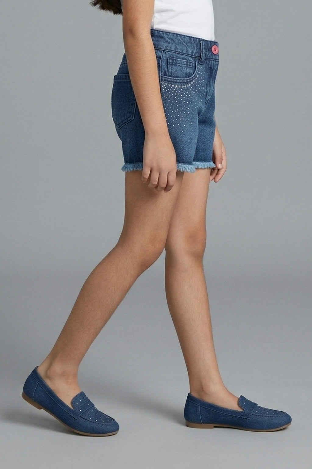 Girls Dark Blue Stud Embellished Denim Shorts