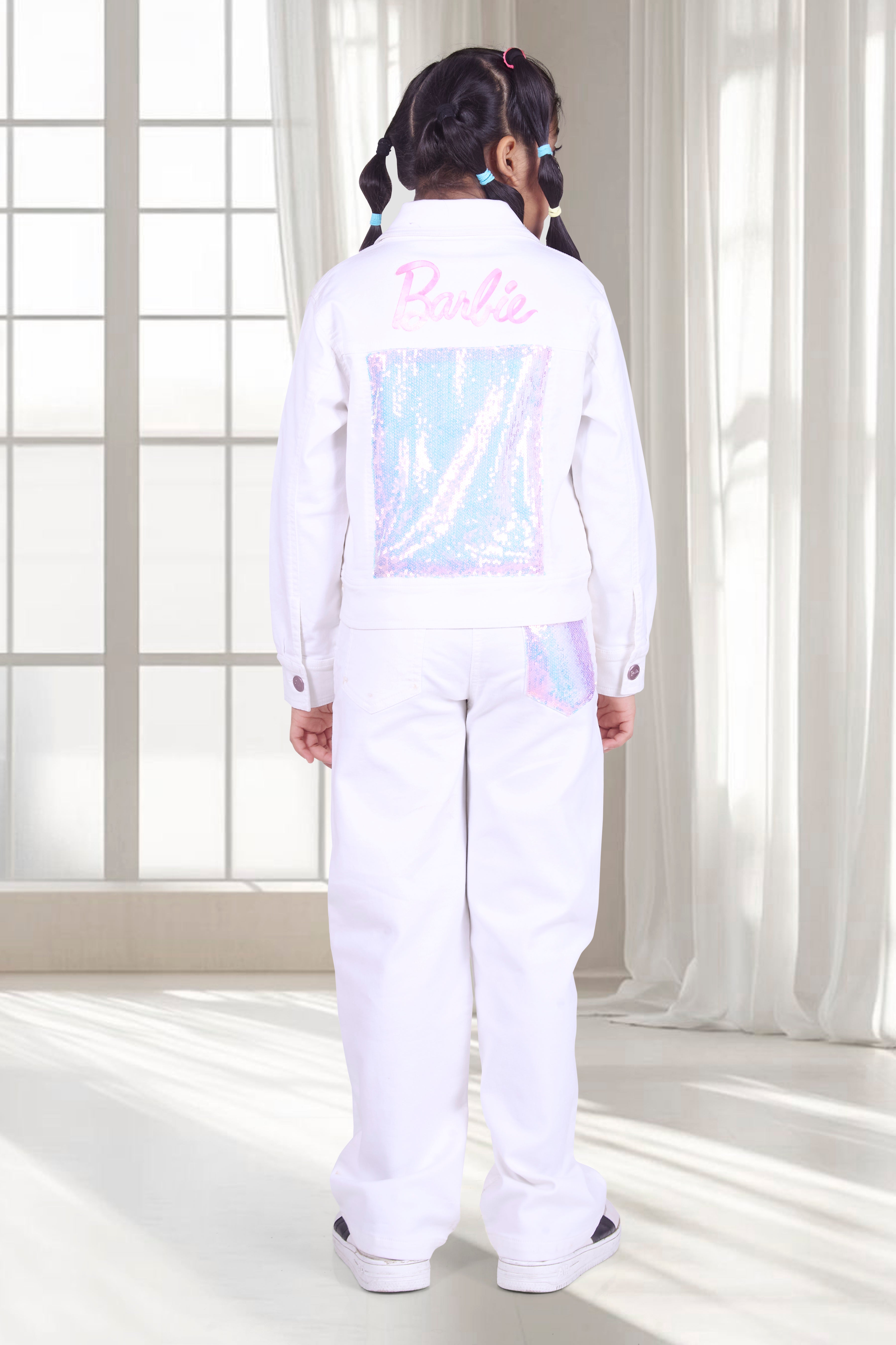 Girls White Sequin Embellished Jacket