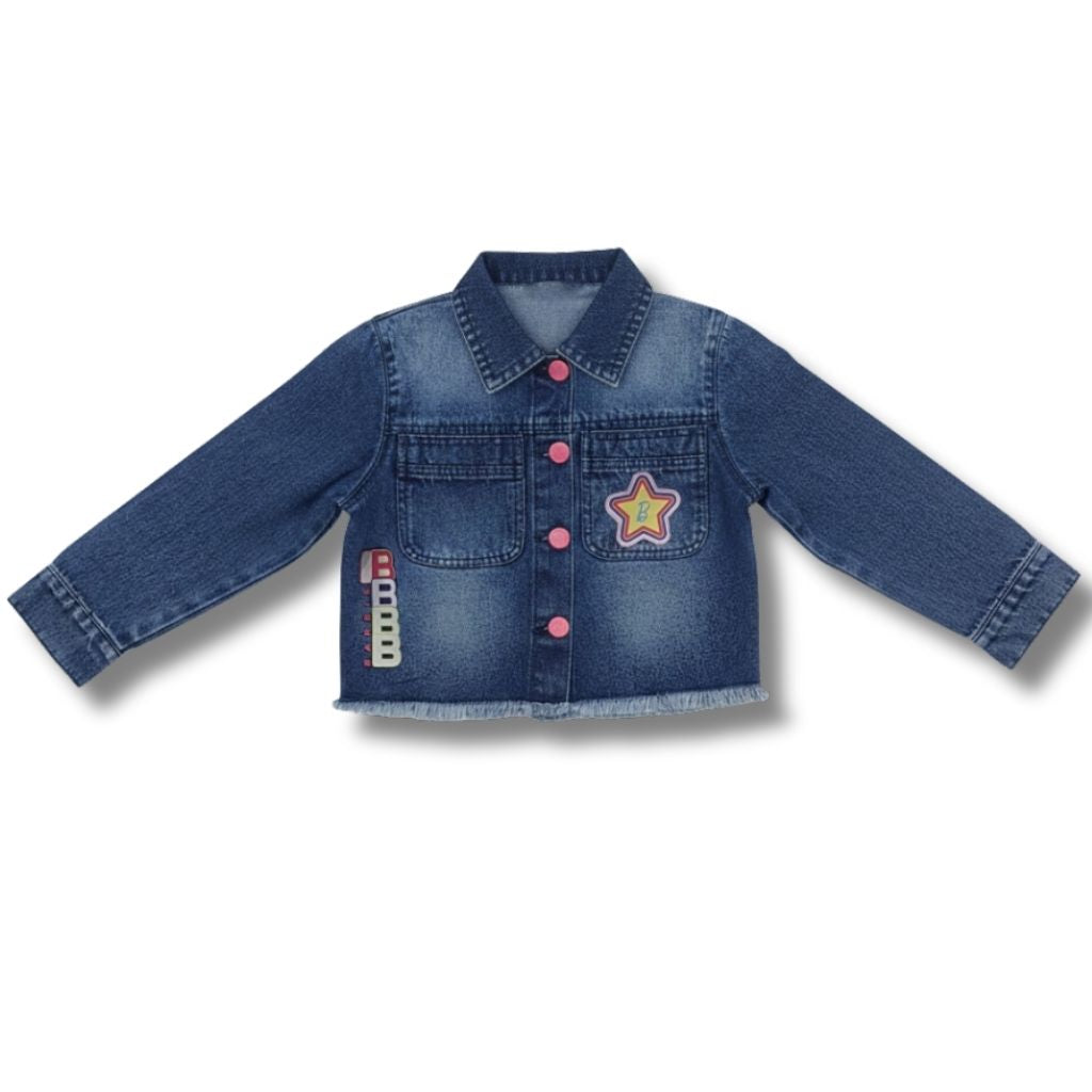 Girls Cotton Denim Crop Jacket in Dark Blue