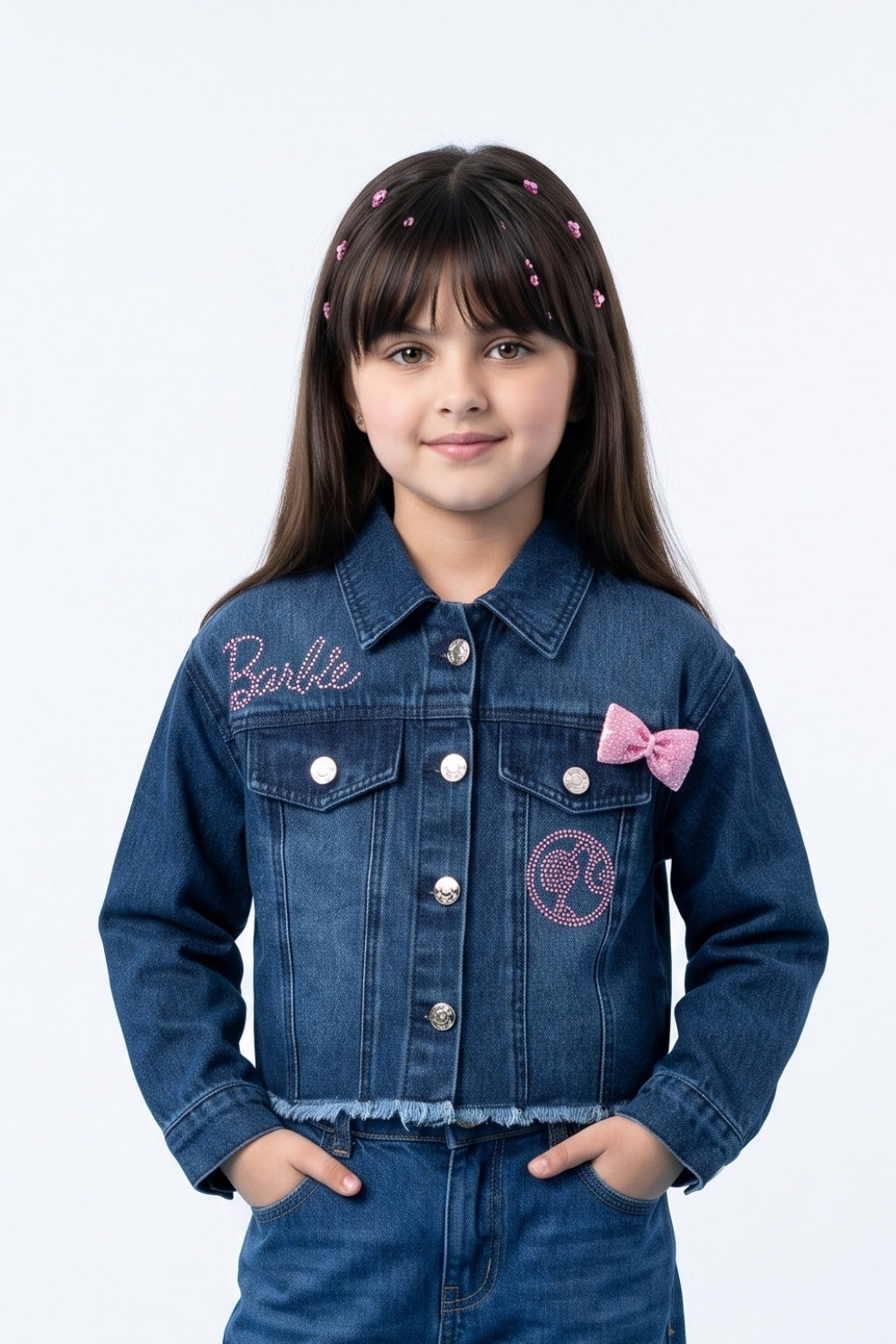 Girls Cotton Embellished Denim Jacket in Dark Blue