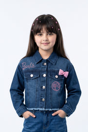 Girls Cotton Embellished Denim Jacket in Dark Blue