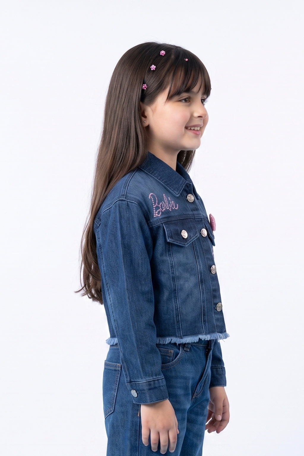 Girls Cotton Embellished Denim Jacket in Dark Blue