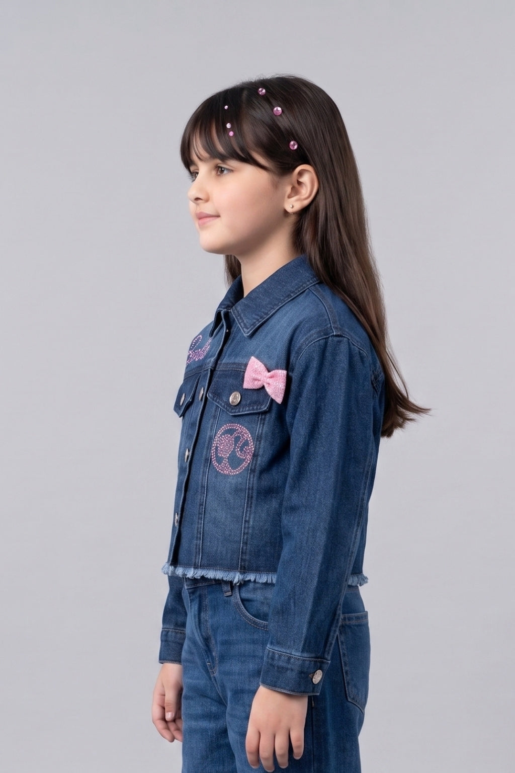 Girls Cotton Embellished Denim Jacket in Dark Blue