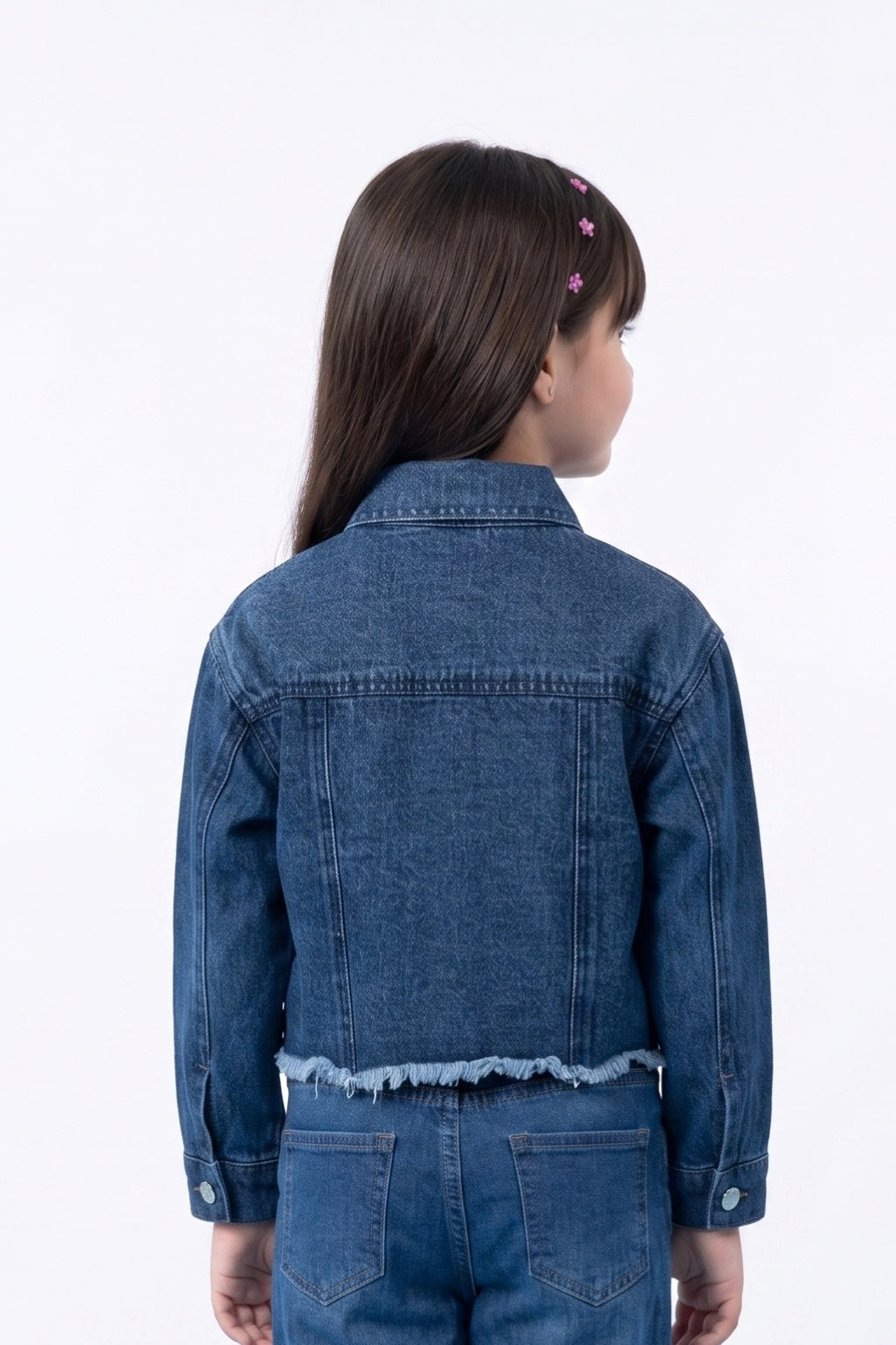 Girls Cotton Embellished Denim Jacket in Dark Blue
