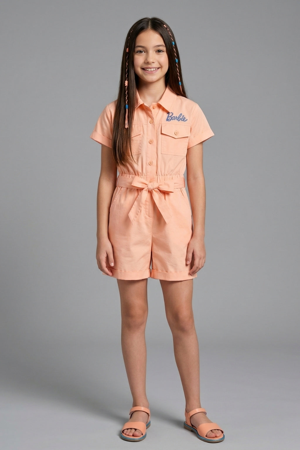 Girls Peach Barbie Cotton Jumpsuit
