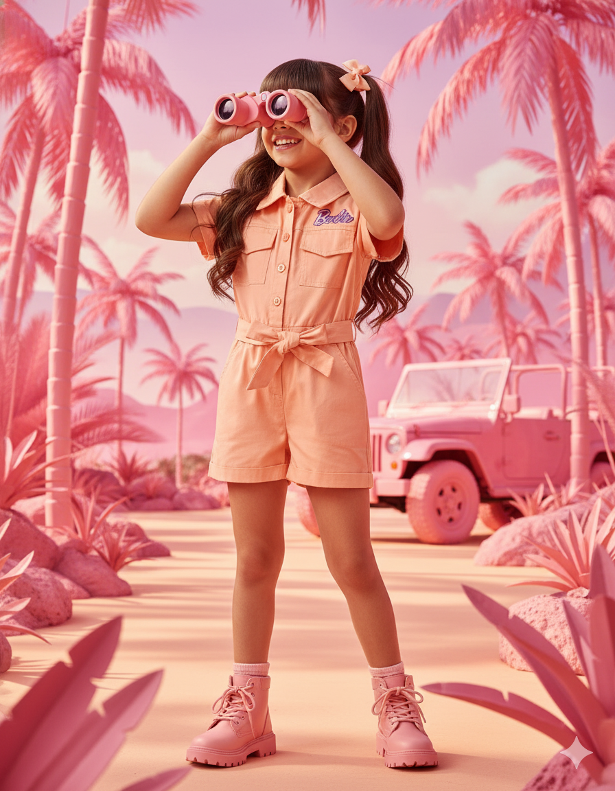 Girls Peach Barbie Cotton Jumpsuit
