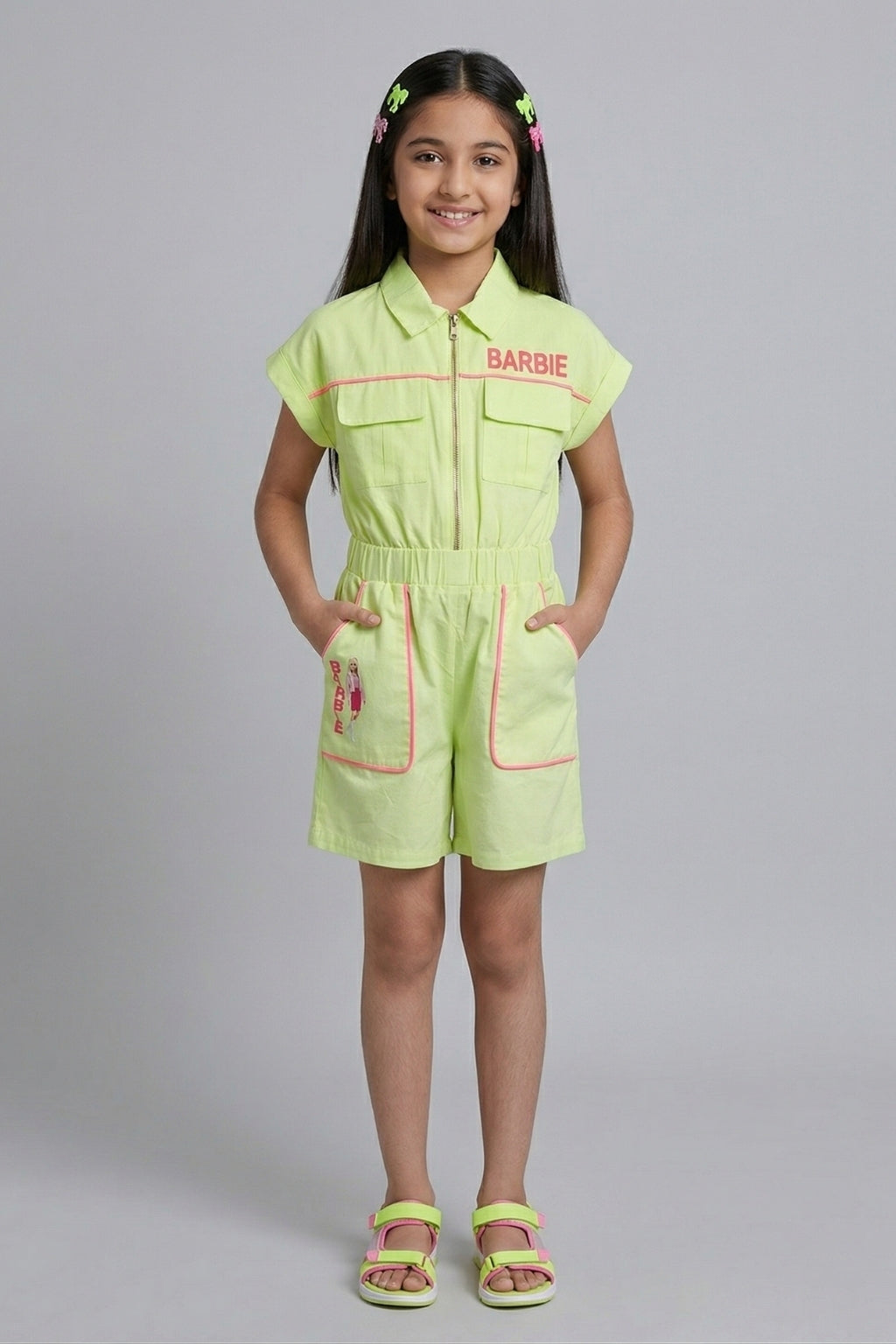Girls Liril Green Barbie Cotton Jumpsuit