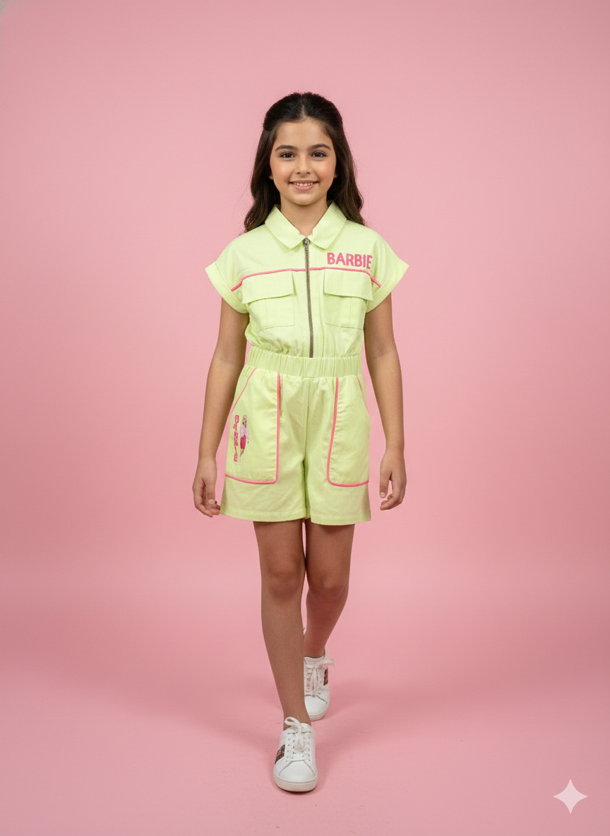 Girls Liril Green Barbie Cotton Jumpsuit
