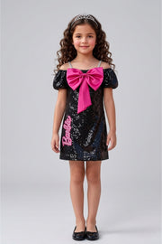 Barbie Girls Black Sequin Off-Shoulder Dress with Pink Bow