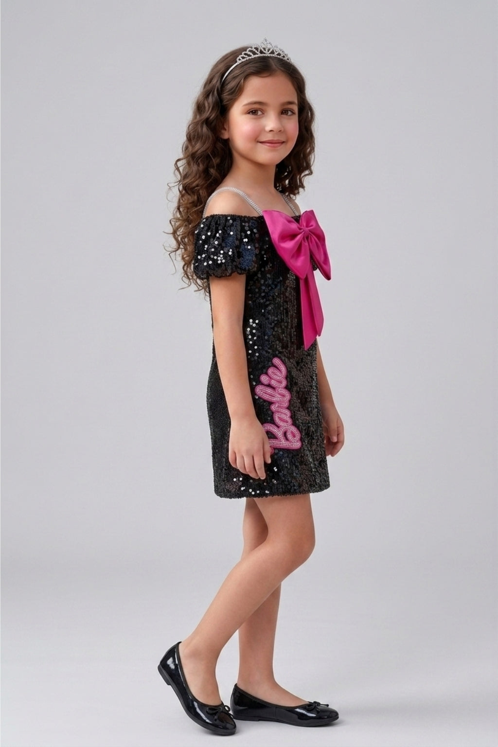 Barbie Girls Black Sequin Off-Shoulder Dress with Pink Bow