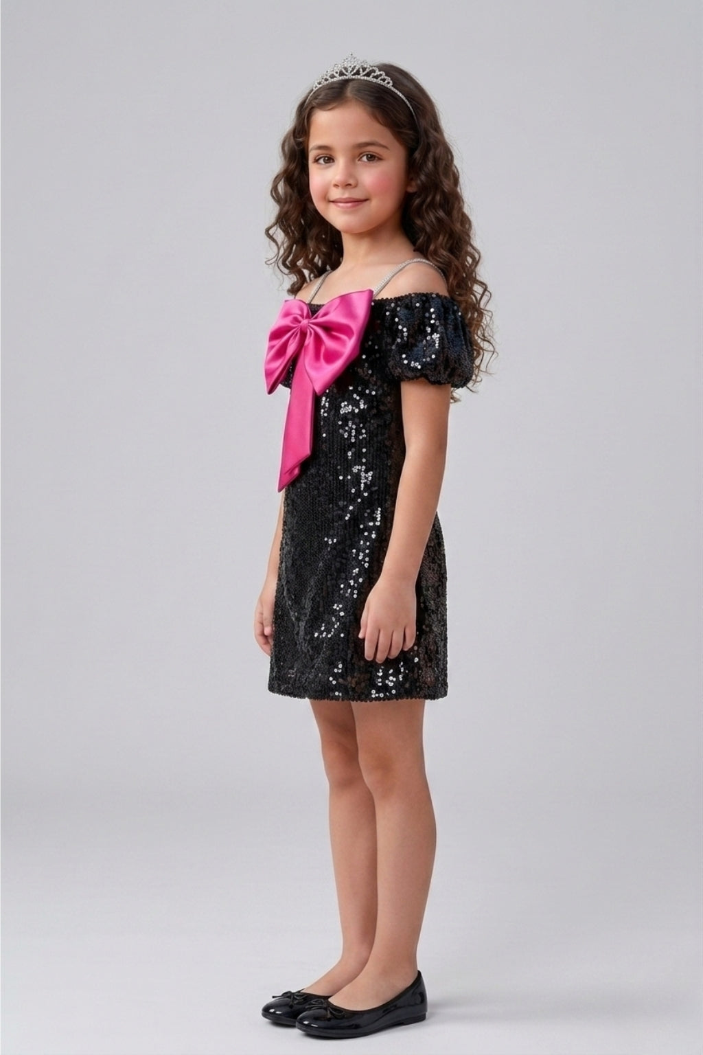 Barbie Girls Black Sequin Off-Shoulder Dress with Pink Bow