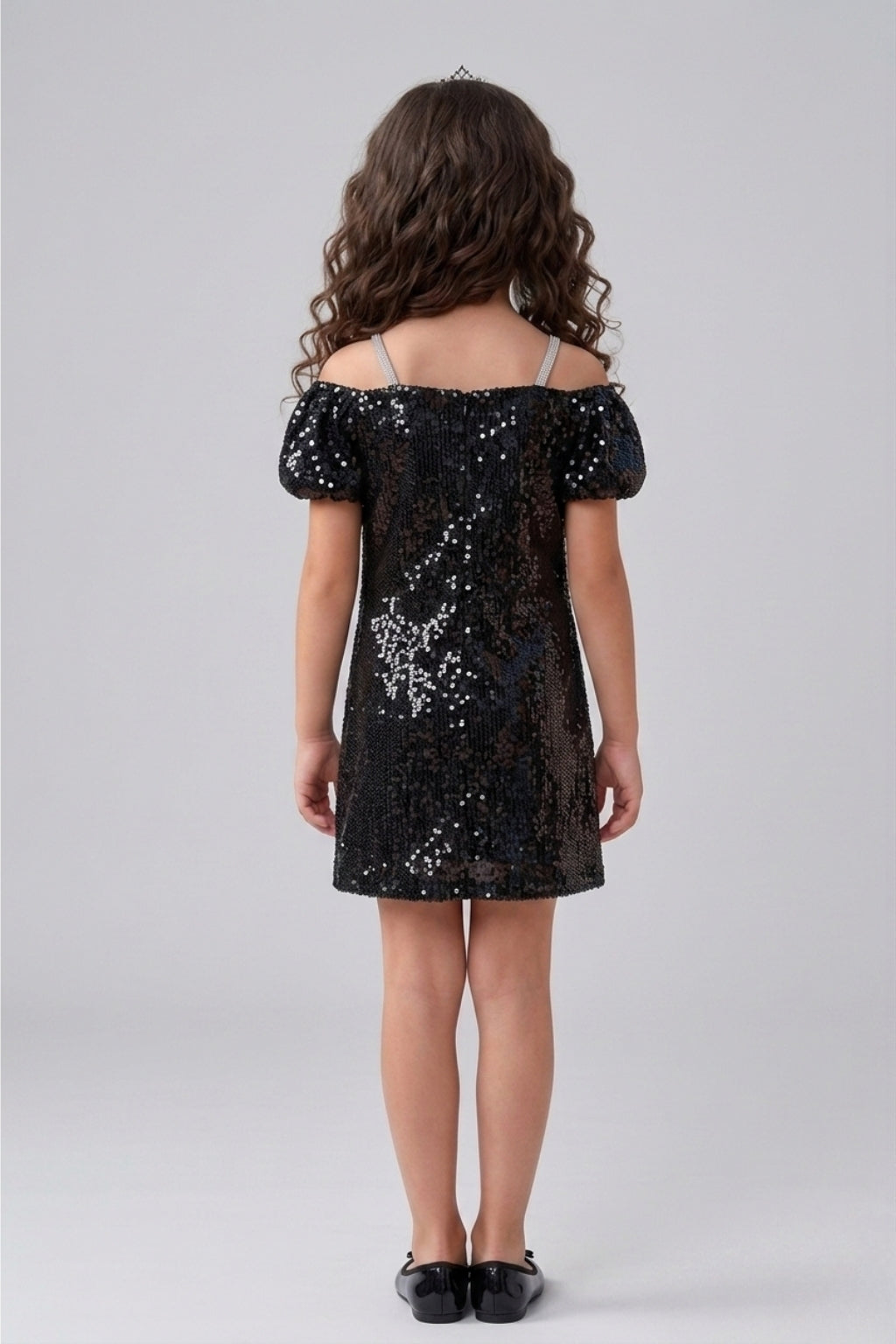 Barbie Girls Black Sequin Off-Shoulder Dress with Pink Bow
