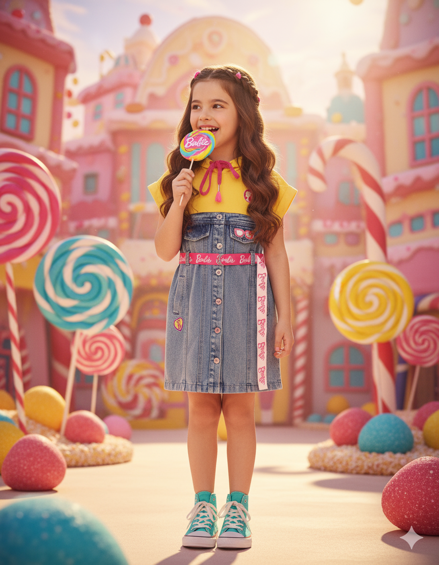 Girls Light Blue Barbie Denim Midi Dress with Hoodie