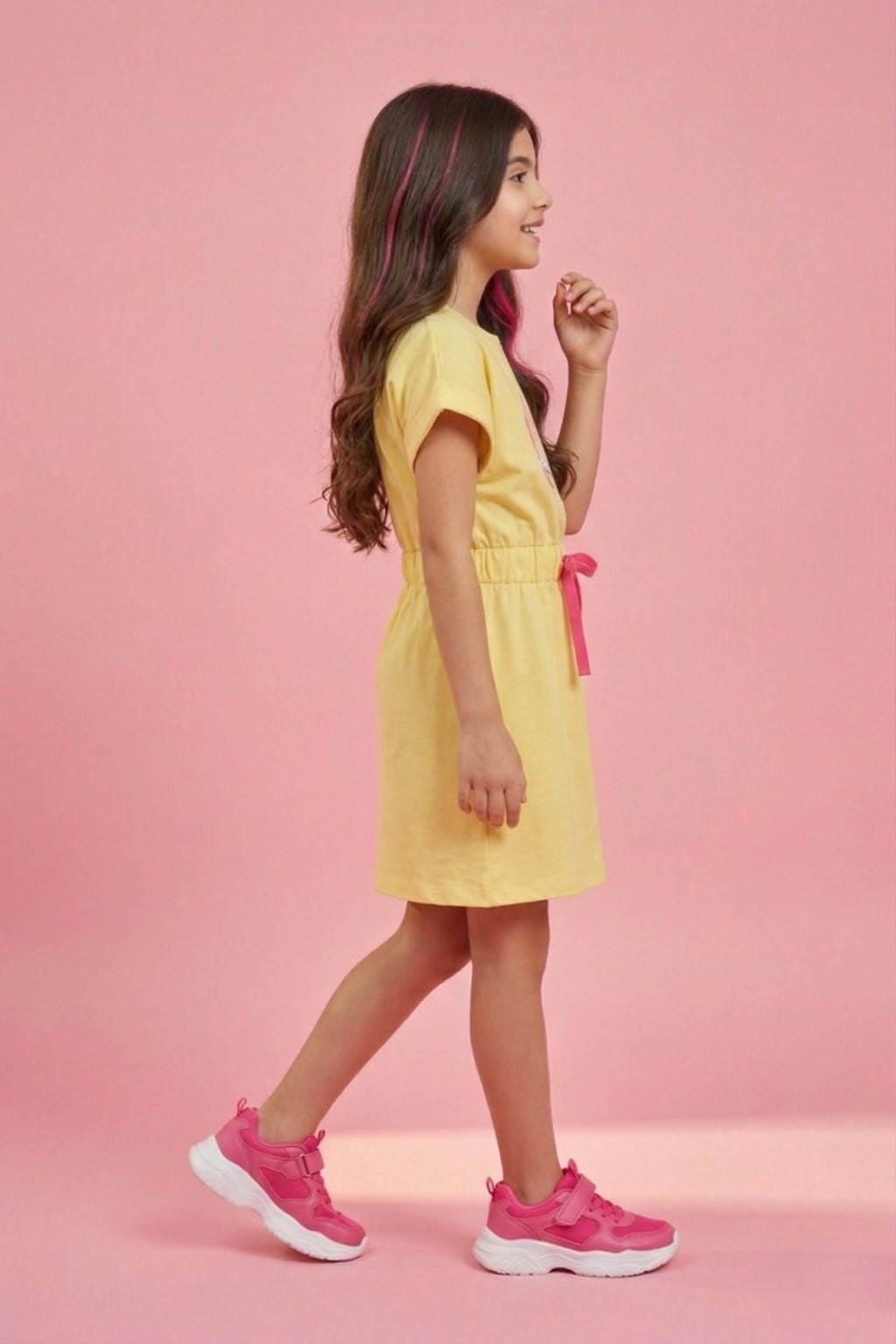 Girls Yellow Graphic Print Extended Shoulder Midi Dress