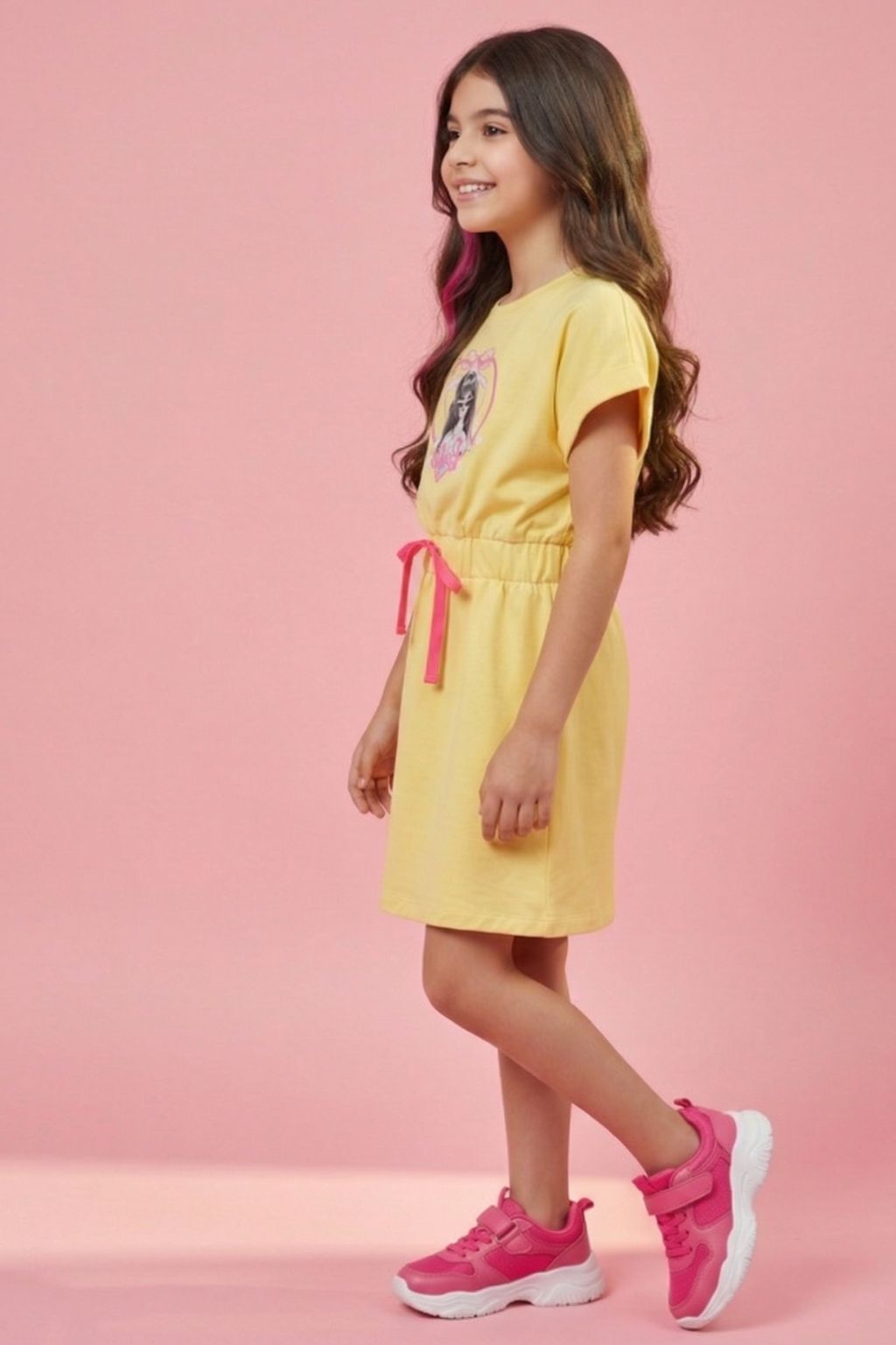 Girls Yellow Graphic Print Extended Shoulder Midi Dress