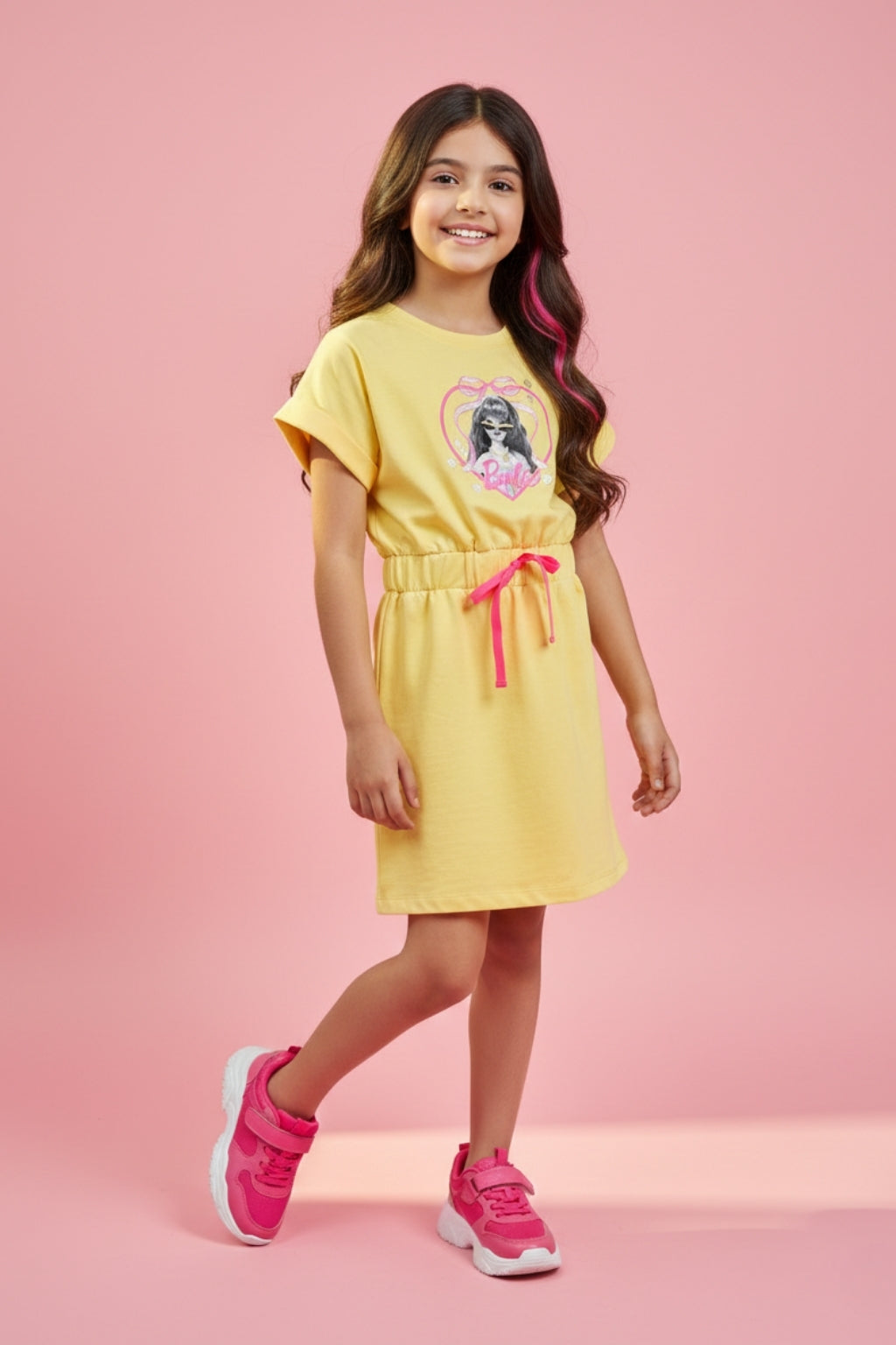 Girls Yellow Graphic Print Extended Shoulder Midi Dress