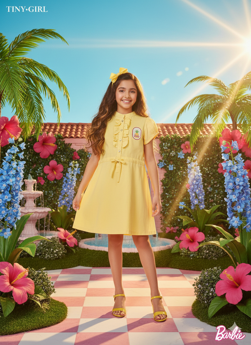 Girls Lemon Yellow Glitter Graphic Print Midi Dress