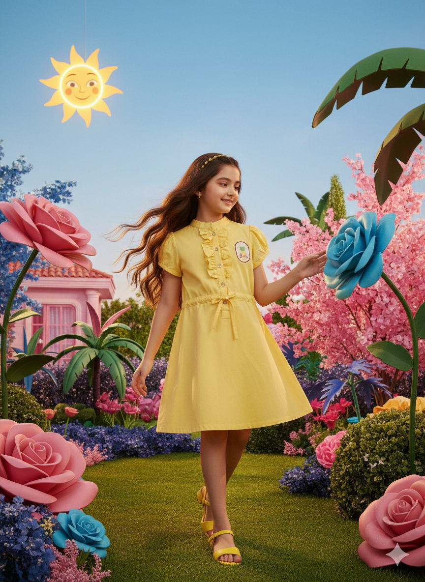 Girls Lemon Yellow Glitter Graphic Print Midi Dress