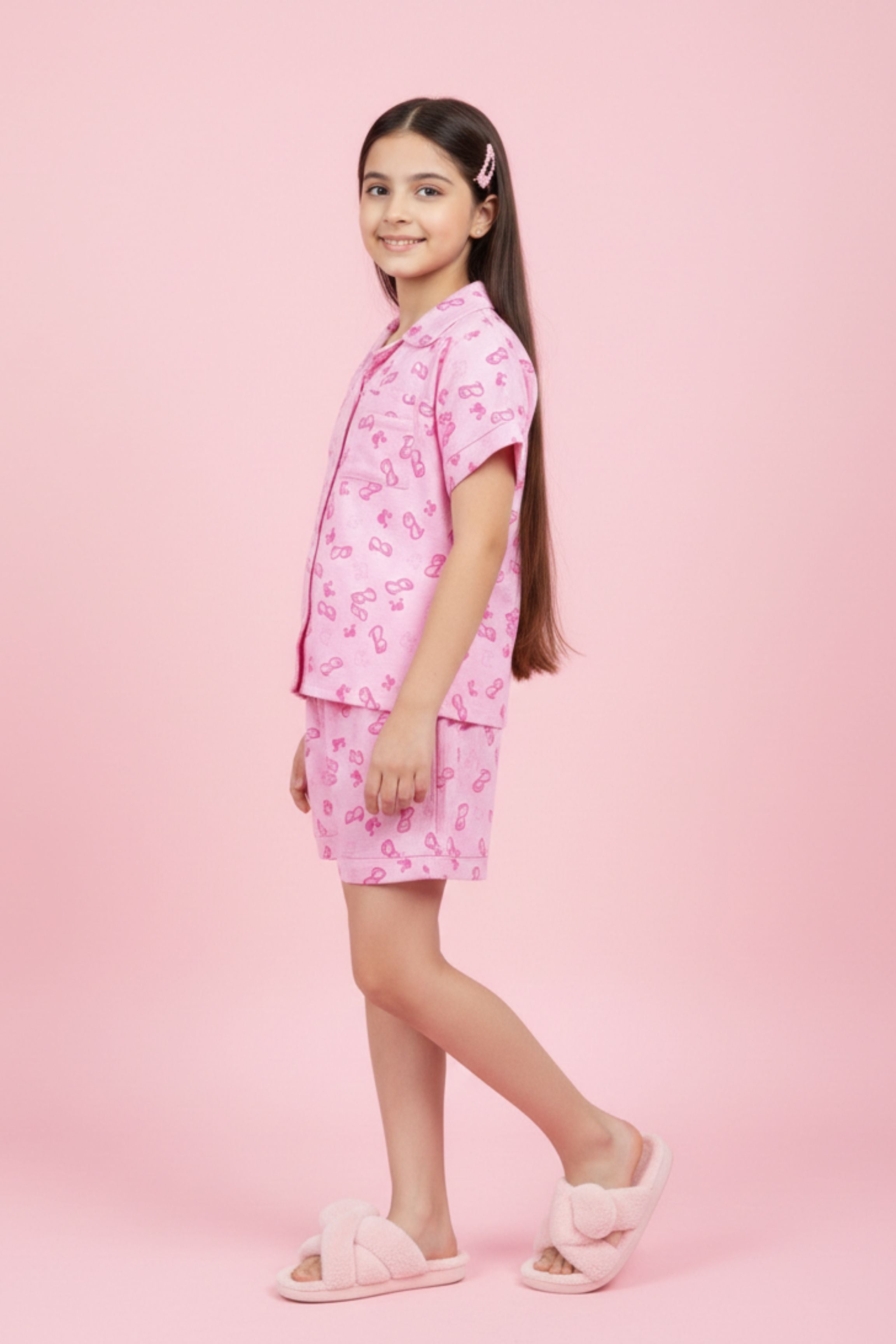 Girls Pink Printed Barbie Night Suit Set