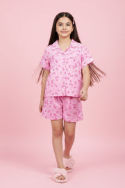 Girls Pink Printed Barbie Night Suit Set