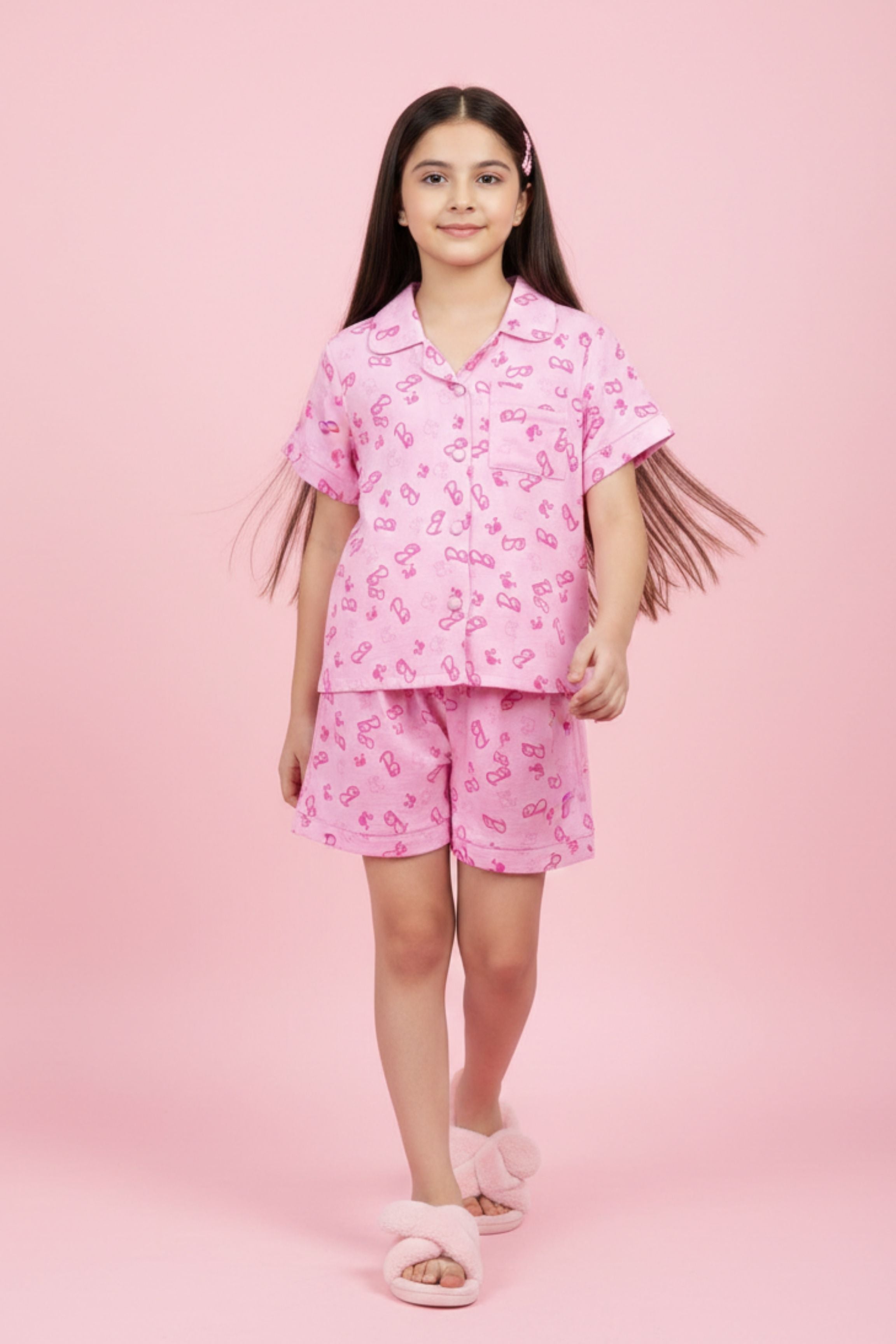 Girls Pink Printed Barbie Night Suit Set