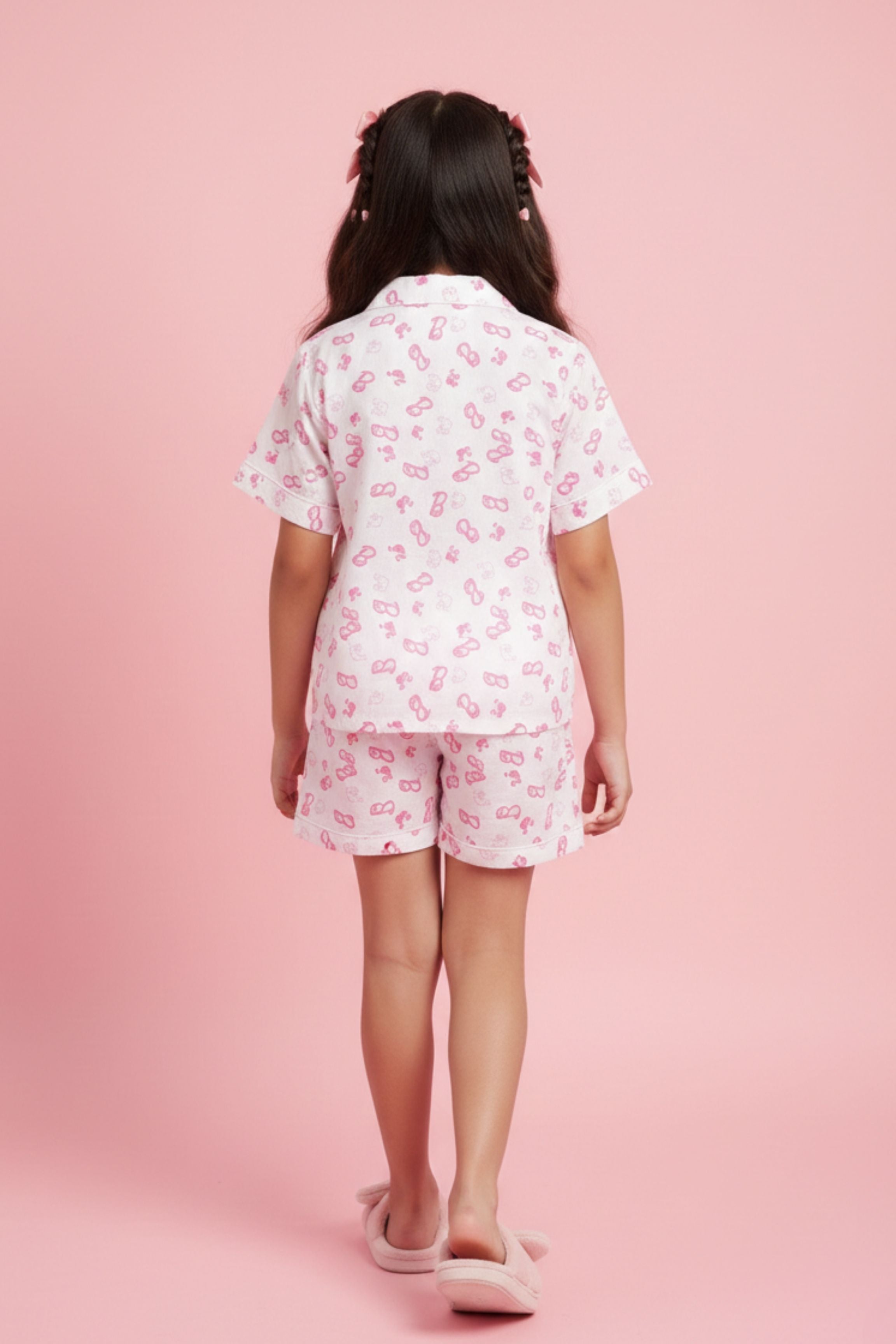 Girls White Printed Barbie Night Suit Set