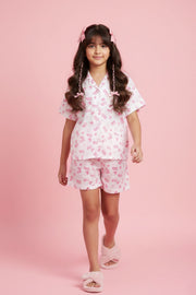 Girls White Printed Barbie Night Suit Set