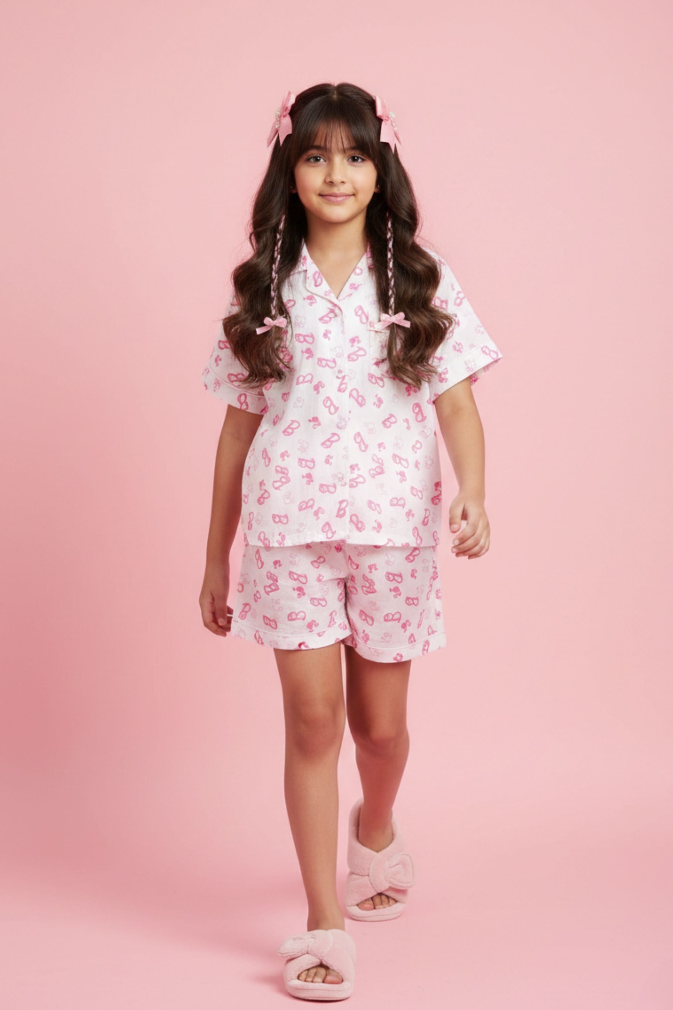 Girls White Printed Barbie Night Suit Set