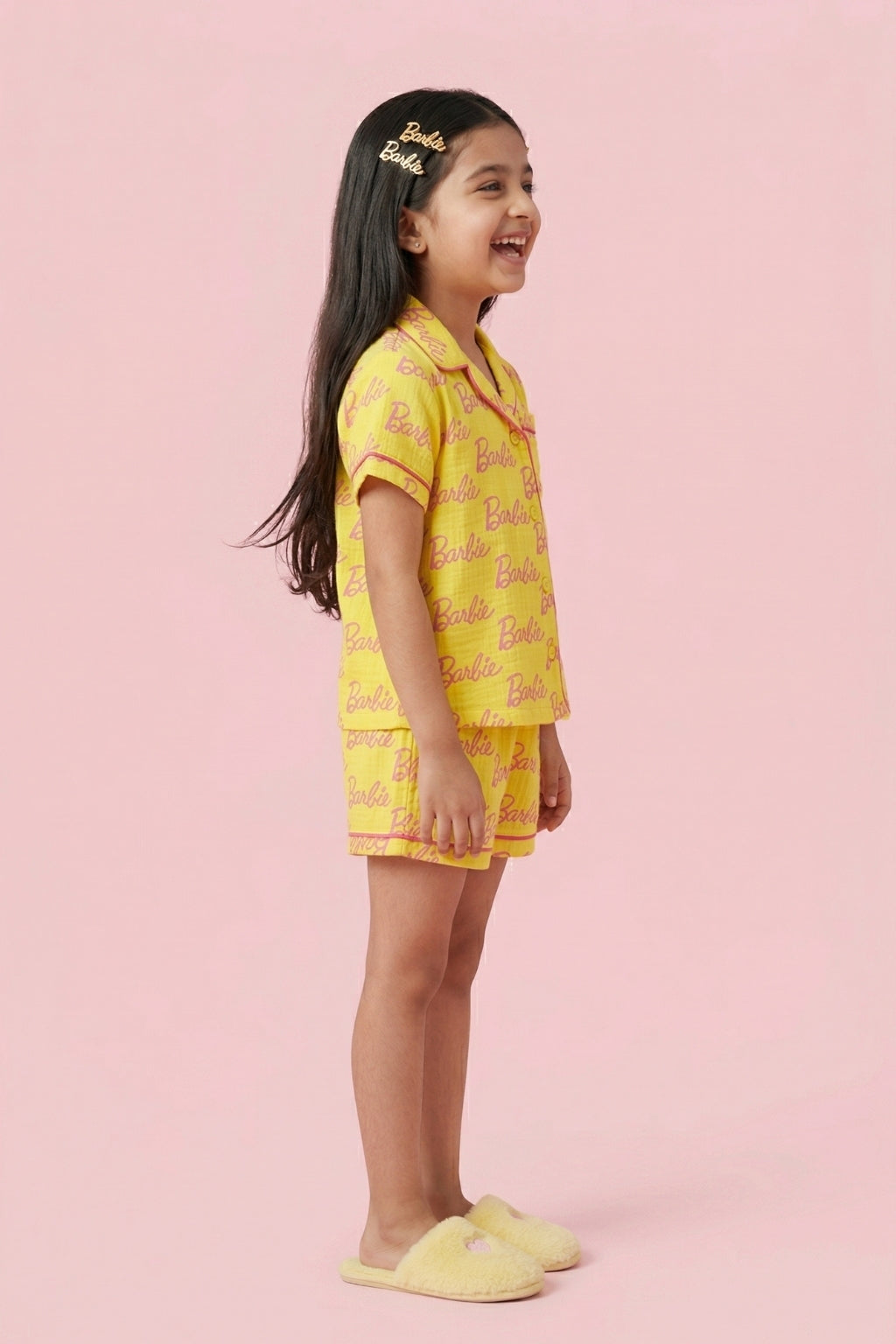 Girls Yellow Printed Night Suit Set