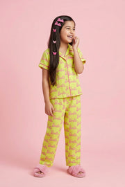 Girls Yellow Printed Night Suit Set