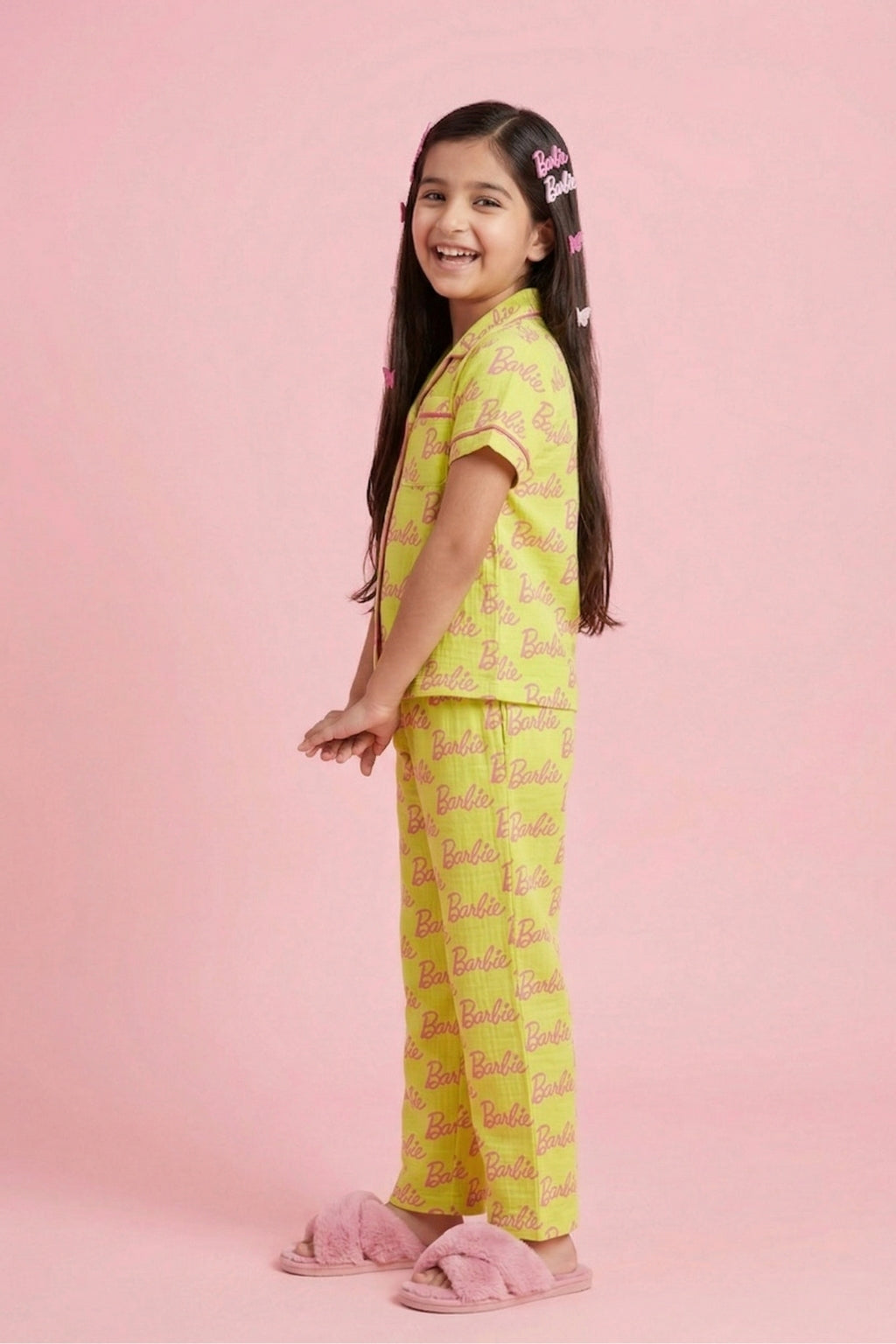 Girls Yellow Printed Night Suit Set