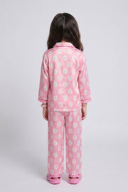 Girls Printed Polyester Night Suit Set in Pink