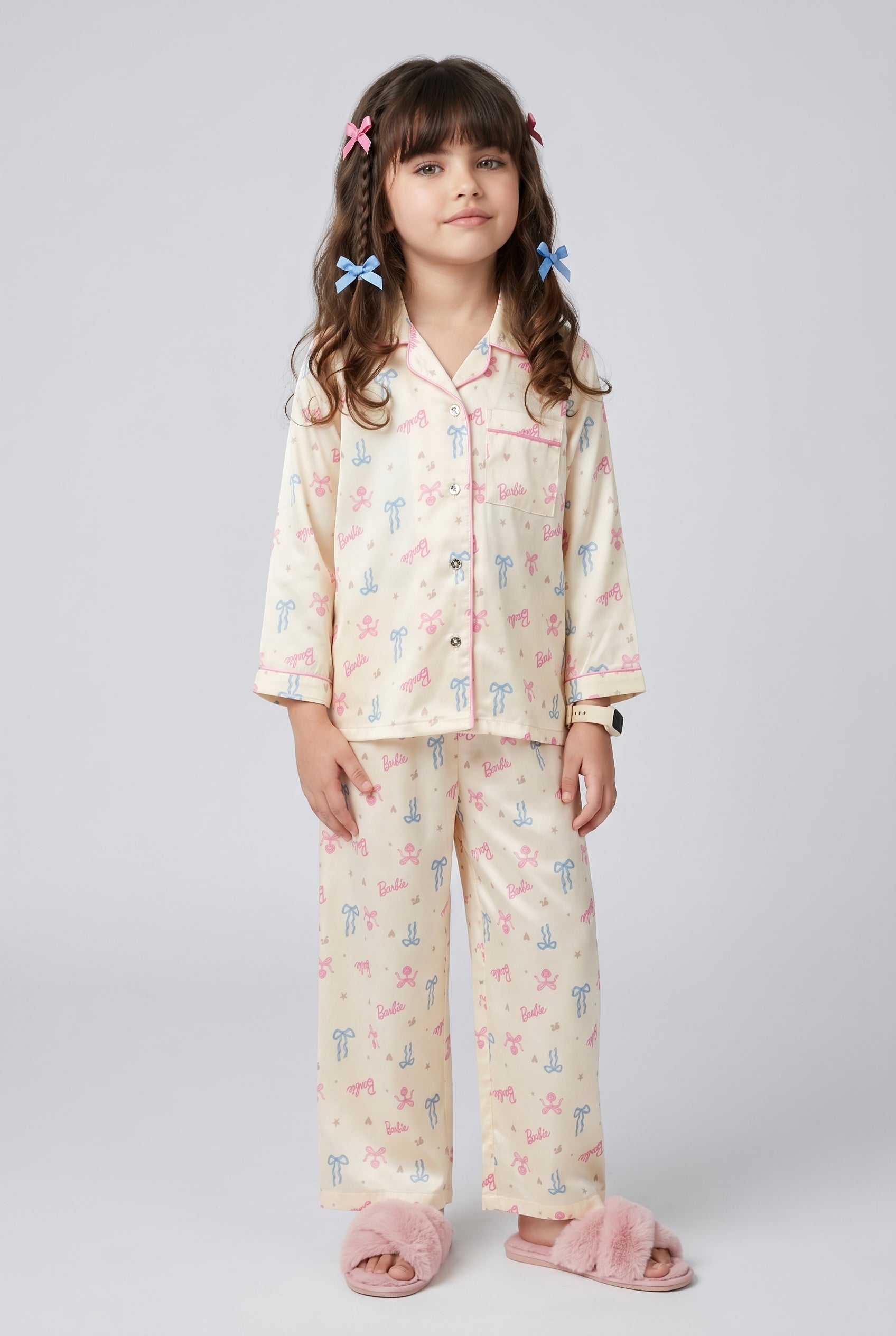 Girls Printed Polyester Night Suit Set in Off White