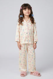 Girls Printed Polyester Night Suit Set in Off White