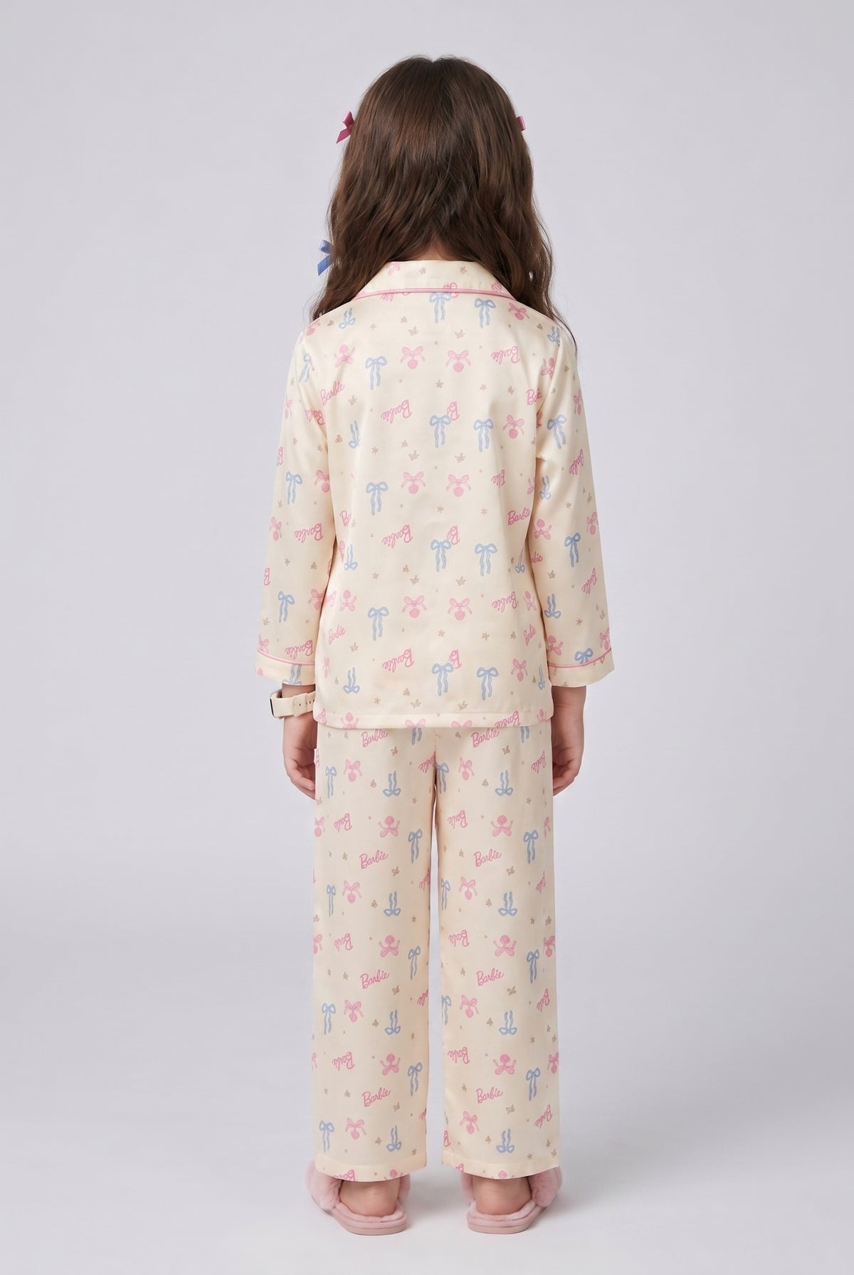 Girls Printed Polyester Night Suit Set in Off White